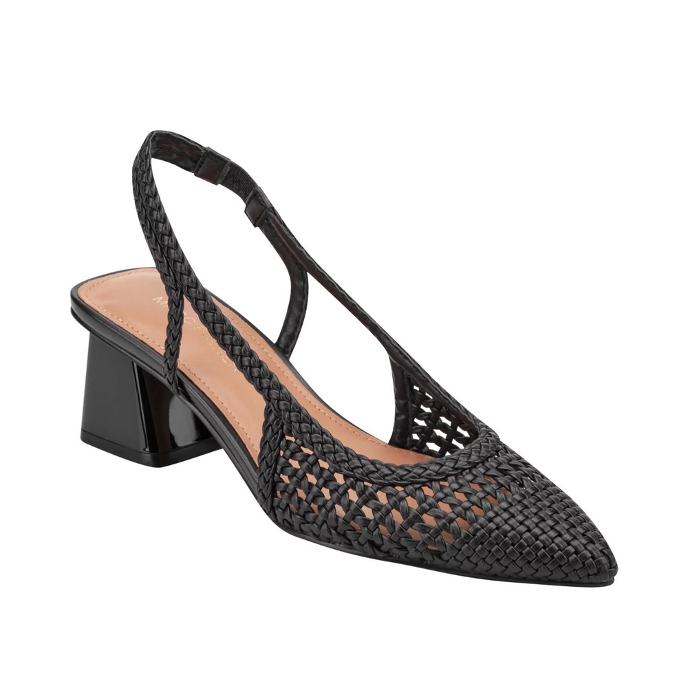 Marc Fisher Latiya Black Woven Faux Leather Pointed Toe Block Heel Slingback